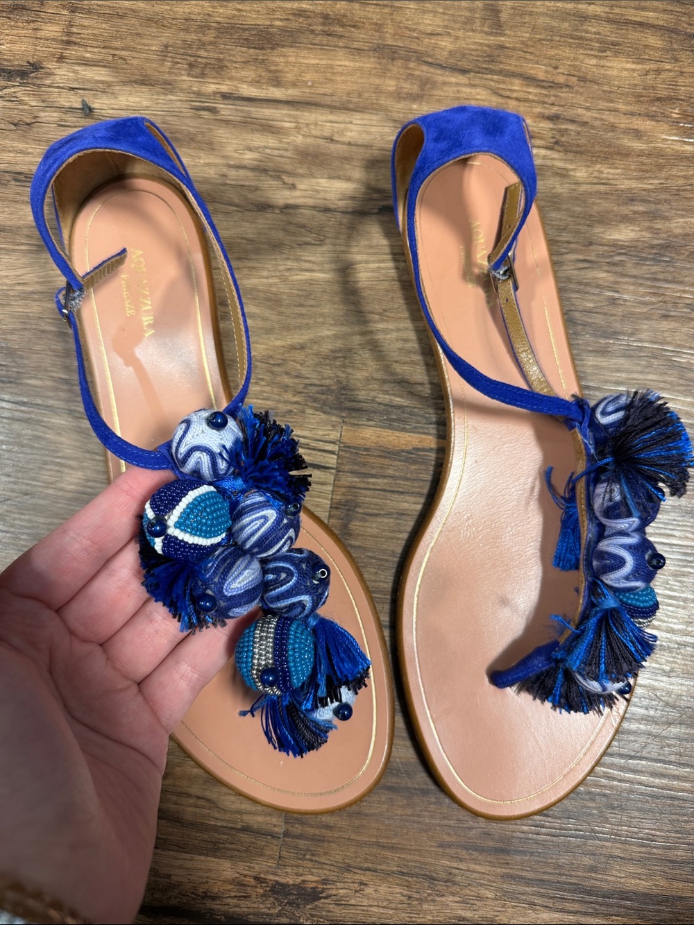 Aquazzura Royal Blue Pom-Pom Embellished Flat Sandals
